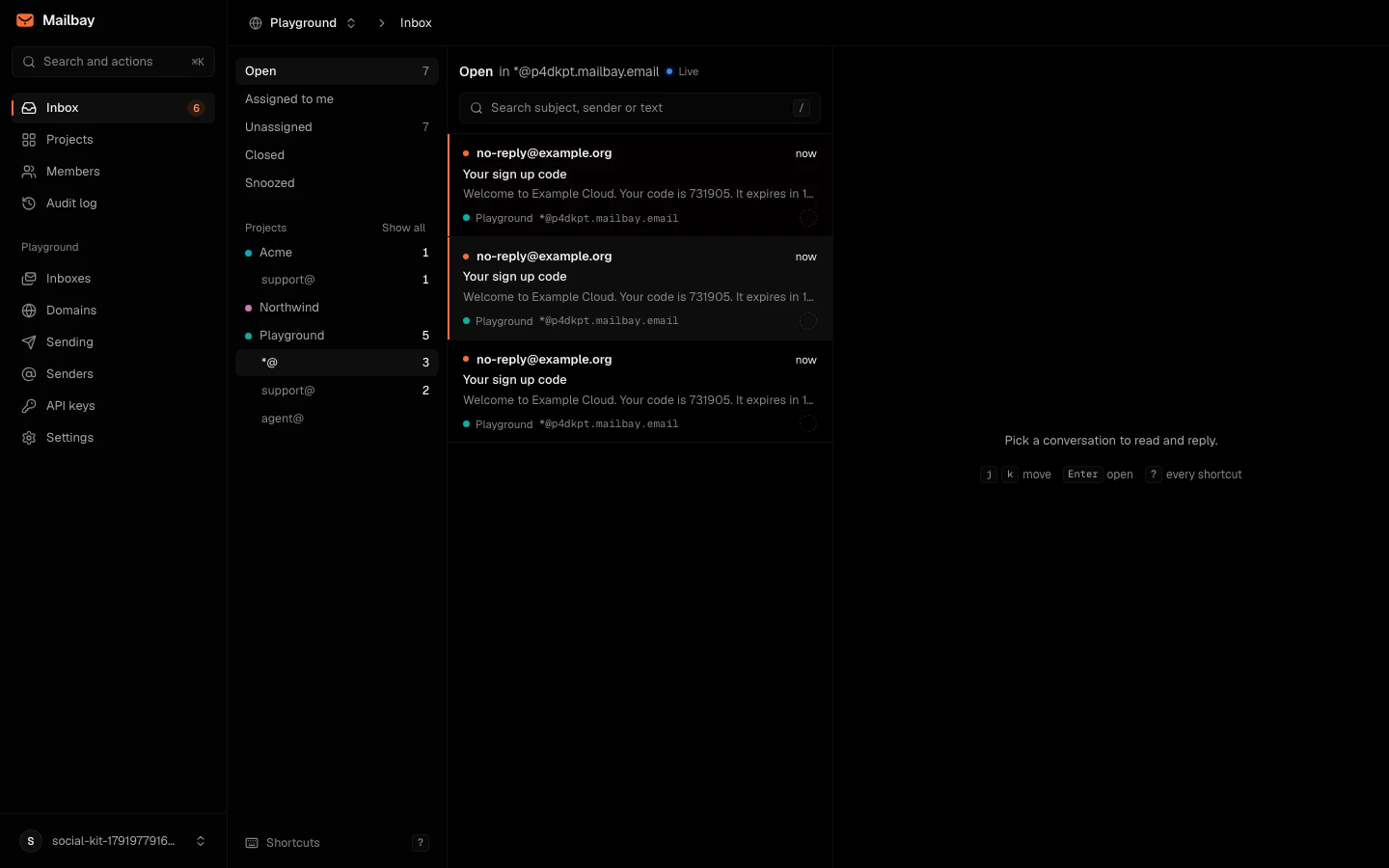 The Mailbay inbox filtered to the Catch-all, showing three sign up code emails sent to addresses that were never created