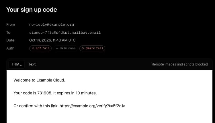 A received message in the Mailbay dashboard with its authentication results: spf fail, dkim none, dmarc fail