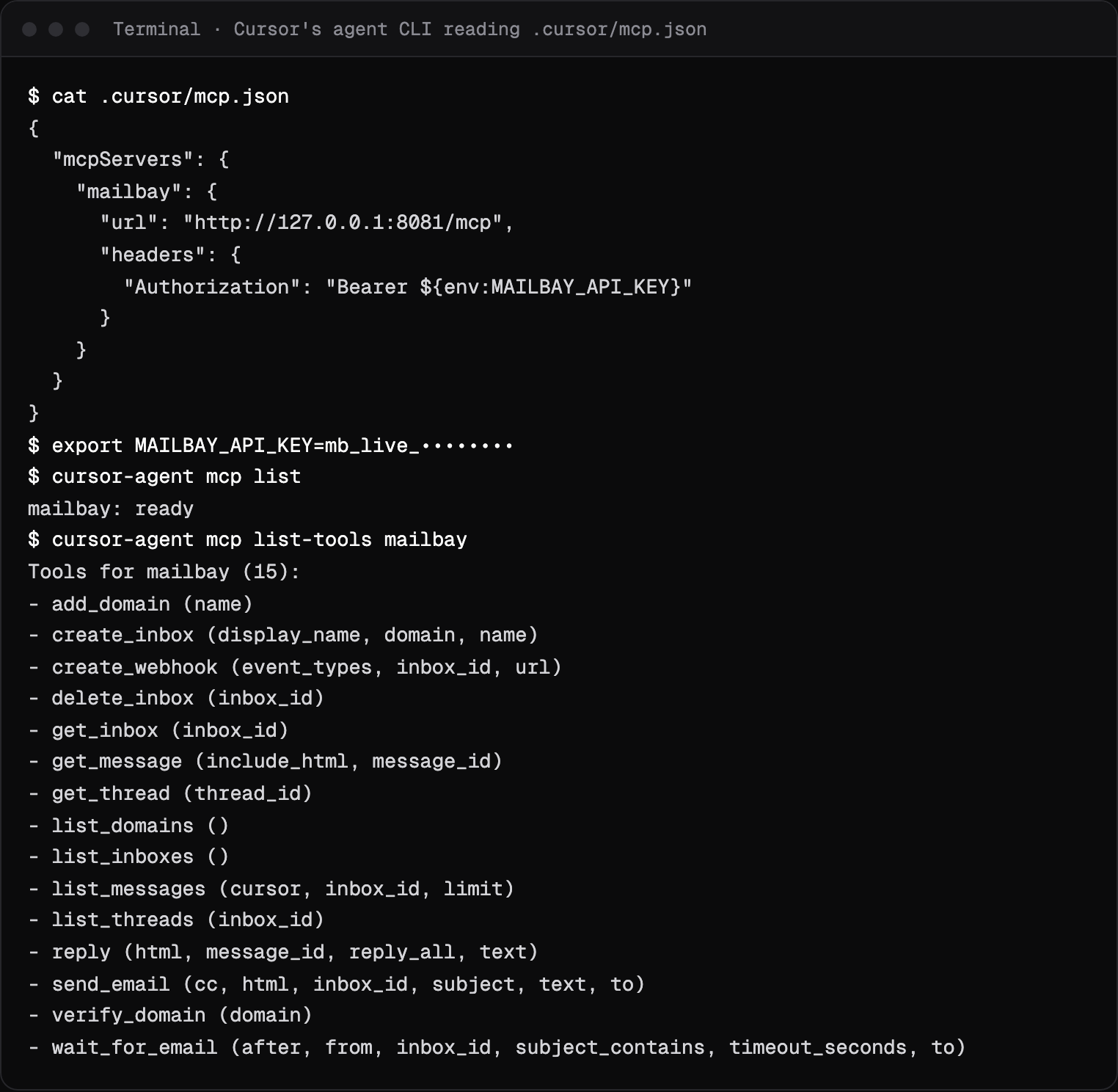Terminal showing .cursor/mcp.json for Mailbay, cursor-agent mcp list reporting mailbay ready, and the 15 Mailbay tools with their arguments