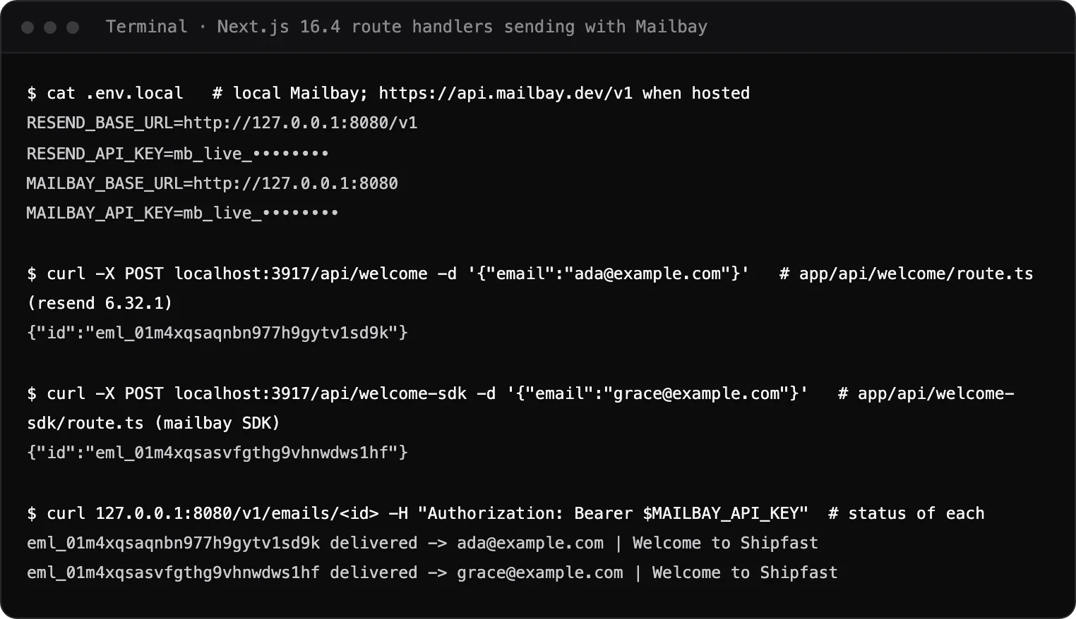 Terminal showing a Next.js app's .env.local with masked keys, two POST requests to route handlers that return email ids, and both emails delivered