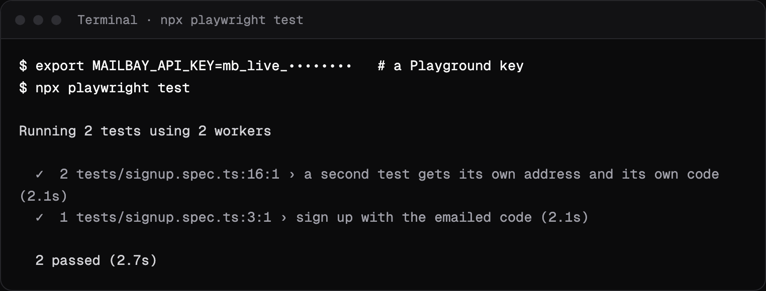 Terminal output of npx playwright test with two passing sign up tests that each received their own emailed code
