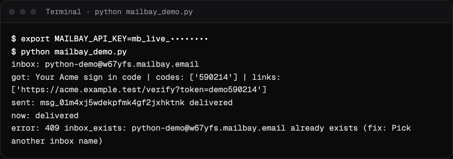 Terminal output of a Python script using requests: an inbox created, an email received with the code 590214 extracted, a message sent and delivered, and an error with its fix