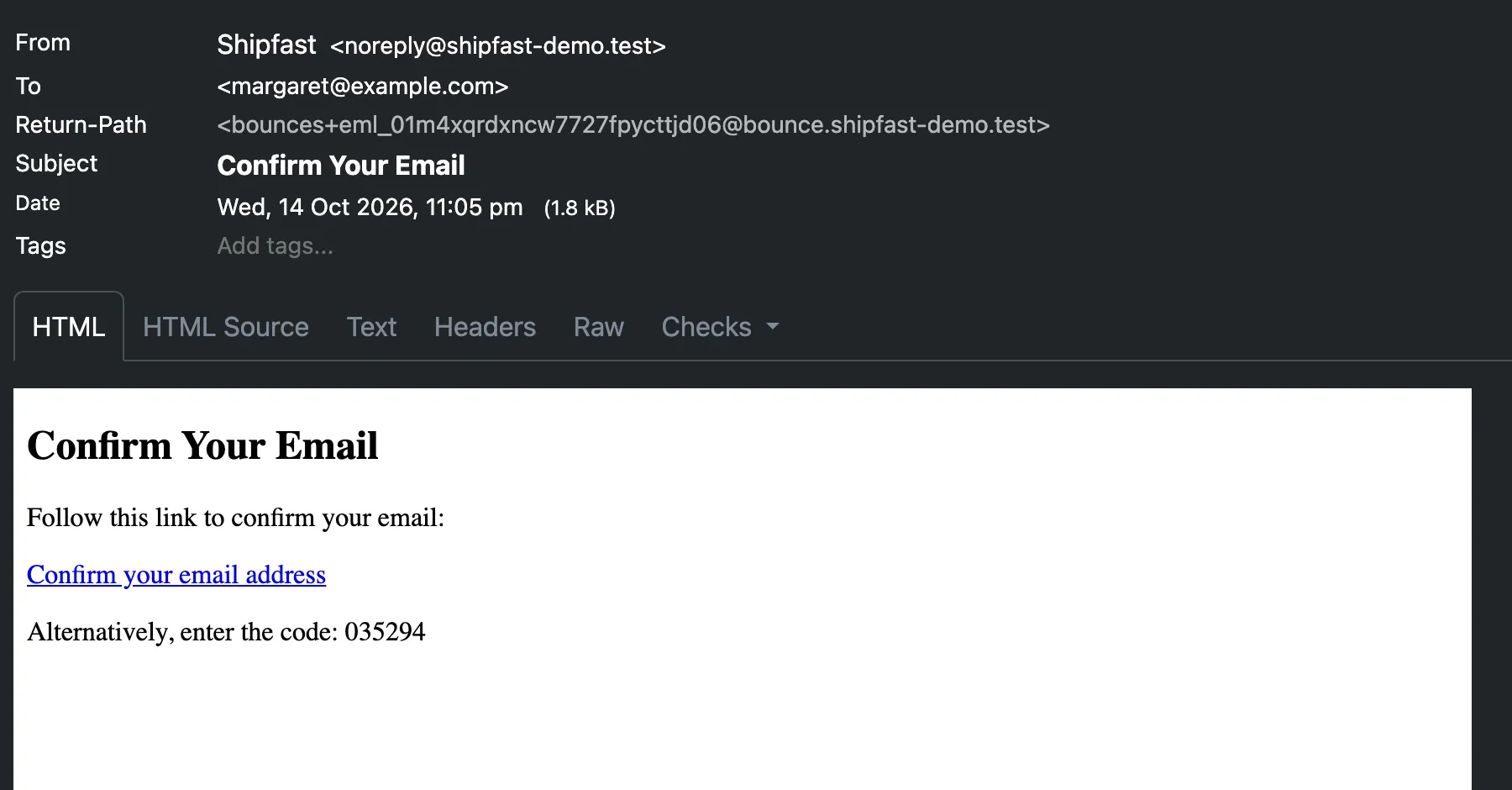The Confirm Your Email message from Supabase Auth as received, sent by Shipfast from noreply@shipfast-demo.test with a Mailbay bounce return path